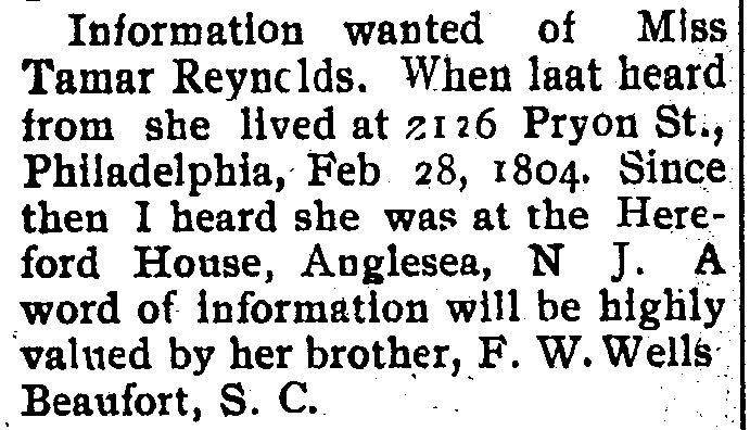 F. W. Wells looking for his sister Miss Tamar Reynolds