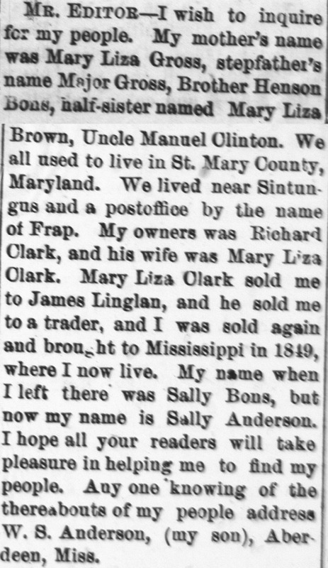 Sally Anderson (formerly Sally Bons) searching for her mother, step-father, brother, half-sister, and uncle