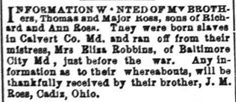 J. M. Ross seeking information about his brothers Thomas and Major Ross