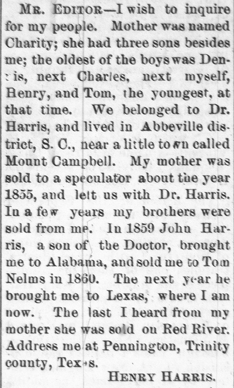 Henry Harris searching for his mother Charity and three brothers Dennis, Charles, and Tom