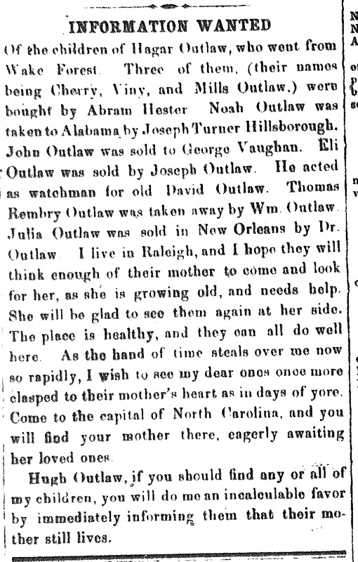 Hagar Outlaw seeking information about her children Cherry, Viny, and Mills Outlaw