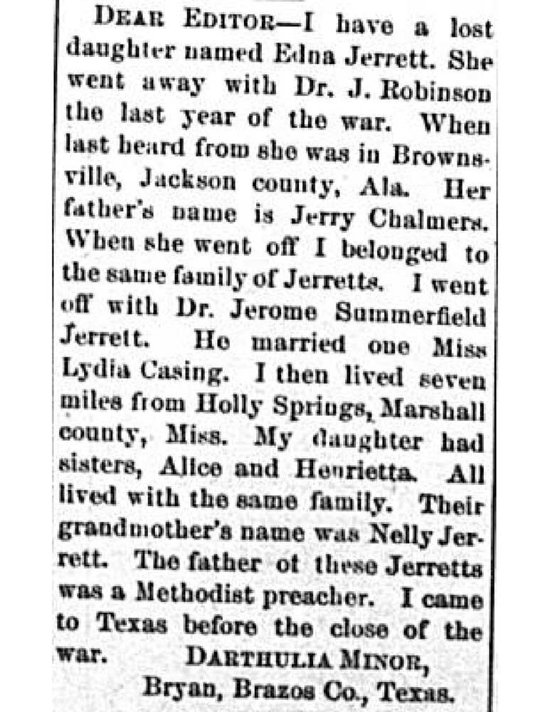 Darthulia Minor searching for her daughter Edna Jerrett