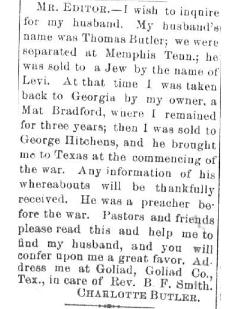 Charlotte Butler searching for her husband Thomas Butler