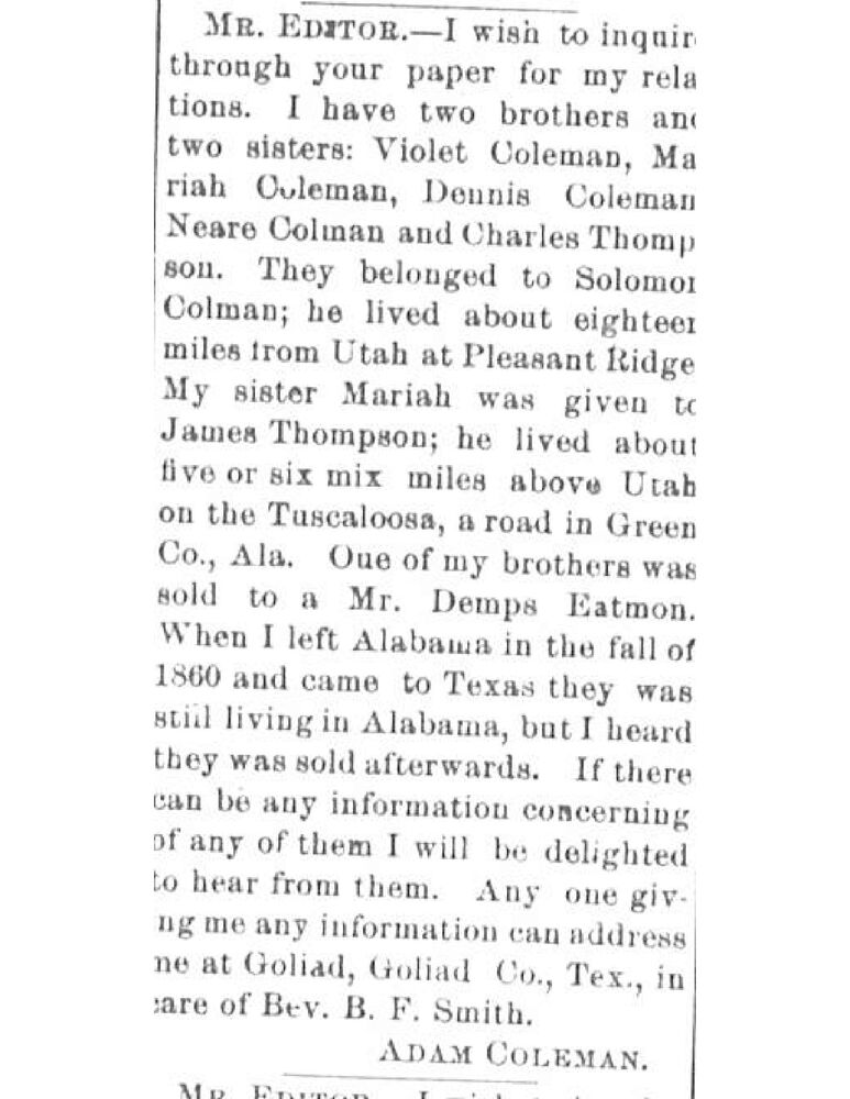 Adam Coleman searching for his siblings Violet, Mariah, Dennis, Neare Coleman and Charles Thompson