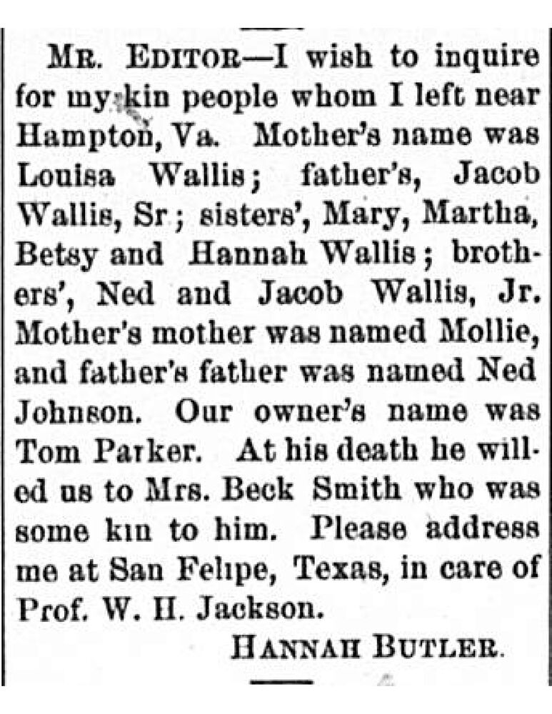 Hannah Butler searching for her mother Louisa Wallis, father Jacob Wallis, and her siblings