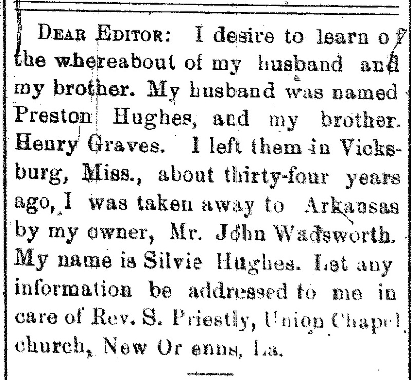 Silvie Hughes searching for her husband Preston Hughes and her brother Henry Graves