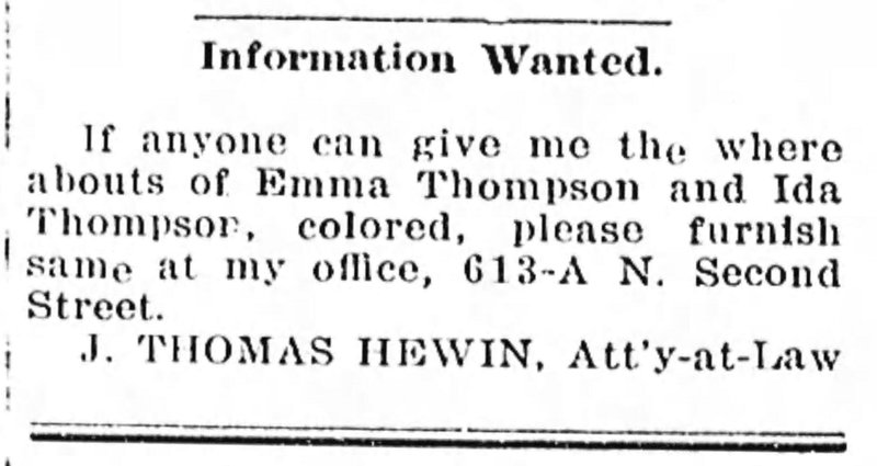 Attorney J. Thomas Hewin searching for Emma Thompson and Ida Thompson 