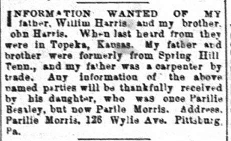 Parilie Morris searching for father William Harris and brother John Harris