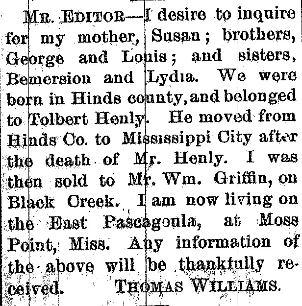 Thomas Williams searching for his mother Susan and siblings George, Louis, Bemersion, and Lydia