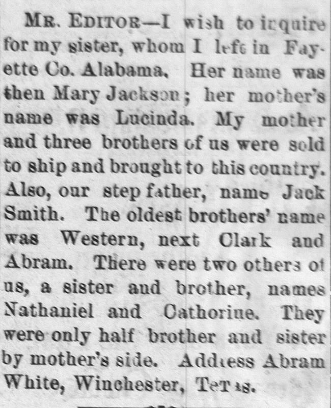 Abram White searching for his sister Mary Jackson