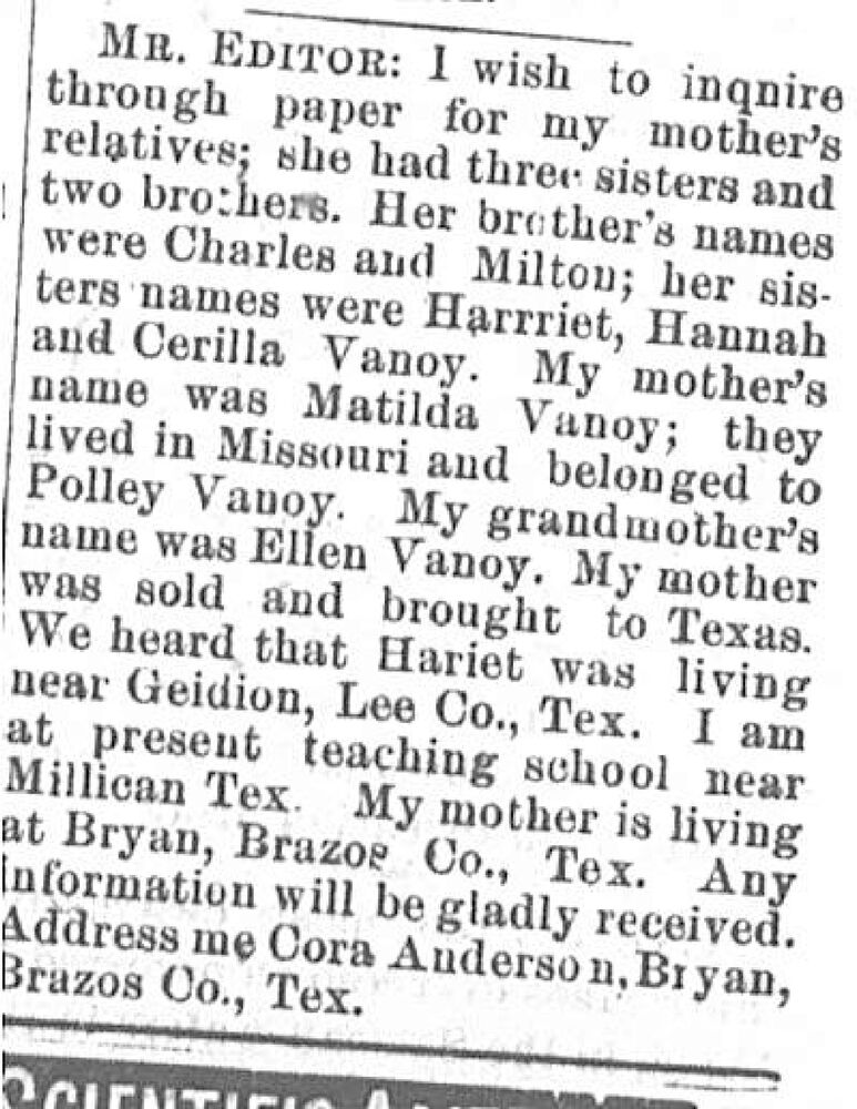 Cora Anderson searching for the family of her mother Matilda Vanoy