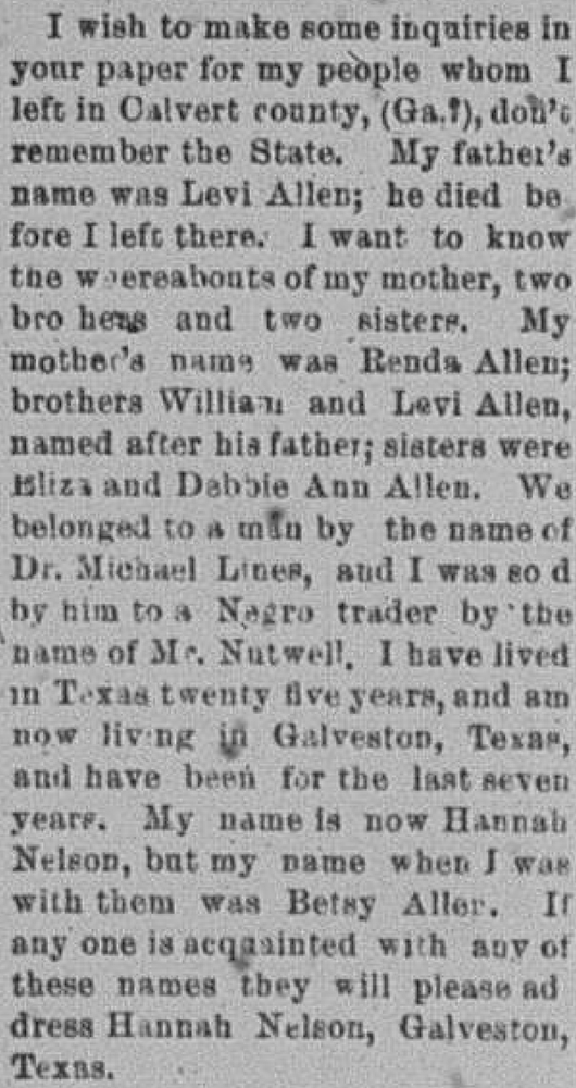 Hannah Nelson (formerly Betsy Allen) seeking her mother, brothers, and sisters