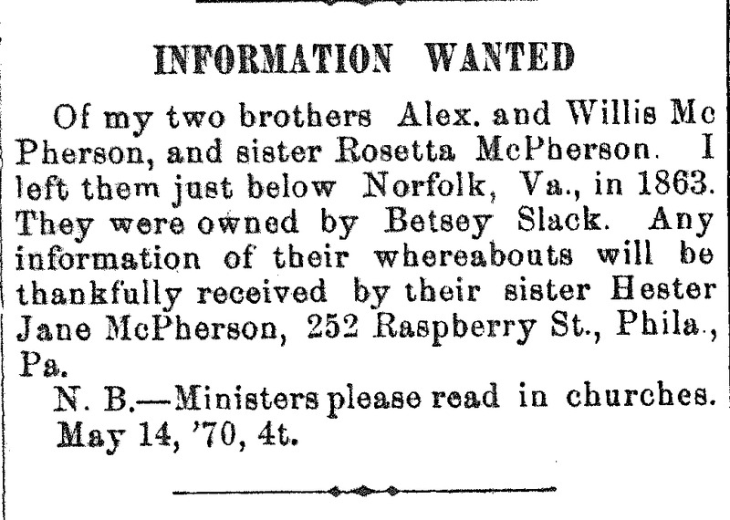 Hester Jane McPherson seeking her brothers Alex and Willis McPherson and sister Rosetta McPherson