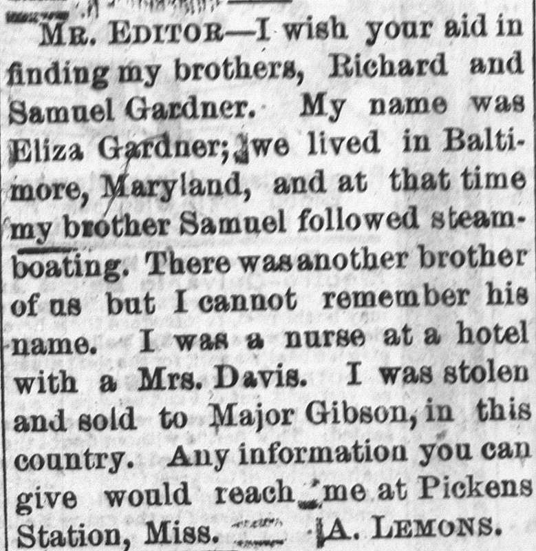 A. Lemons (formerly Eliza Gardner) searching for her brothers Richard and Samuel Gardner