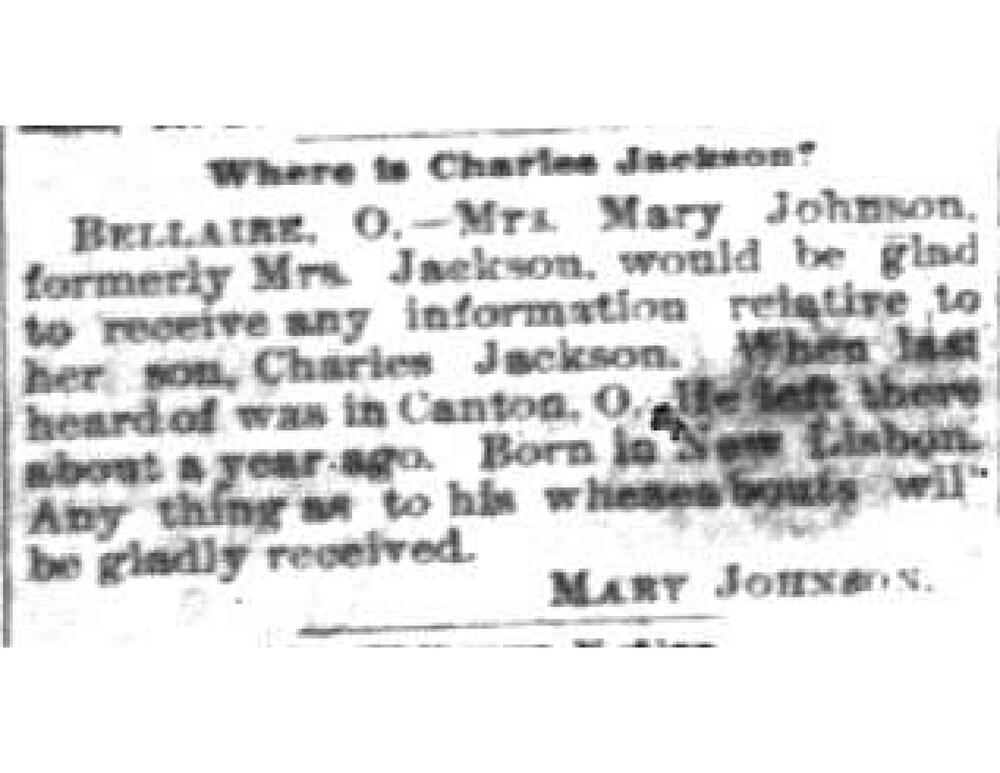 Mary Johnson searching for her son Charles Jackson (1 of 2 ads)