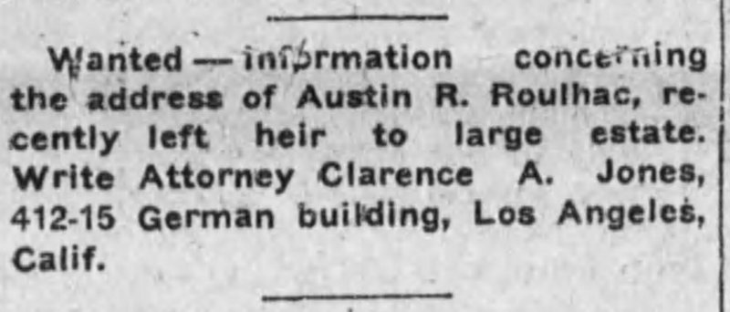 Clarence A. Jones, attorney, searching for Austin R. Roulhac 