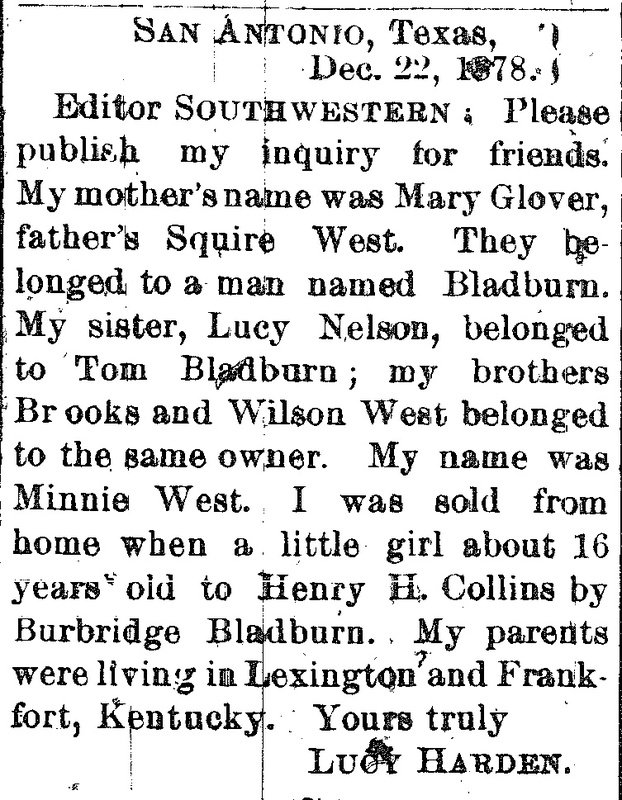 Lucy Harden (formerly Minnie West) looking for her mother Mary Glover, father Squire West, sister Lucy Nelson, and brothers Brooks and Wilson West