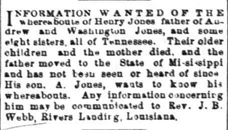 A. Jones seeking information as to the whereabouts of his father Henry Jones