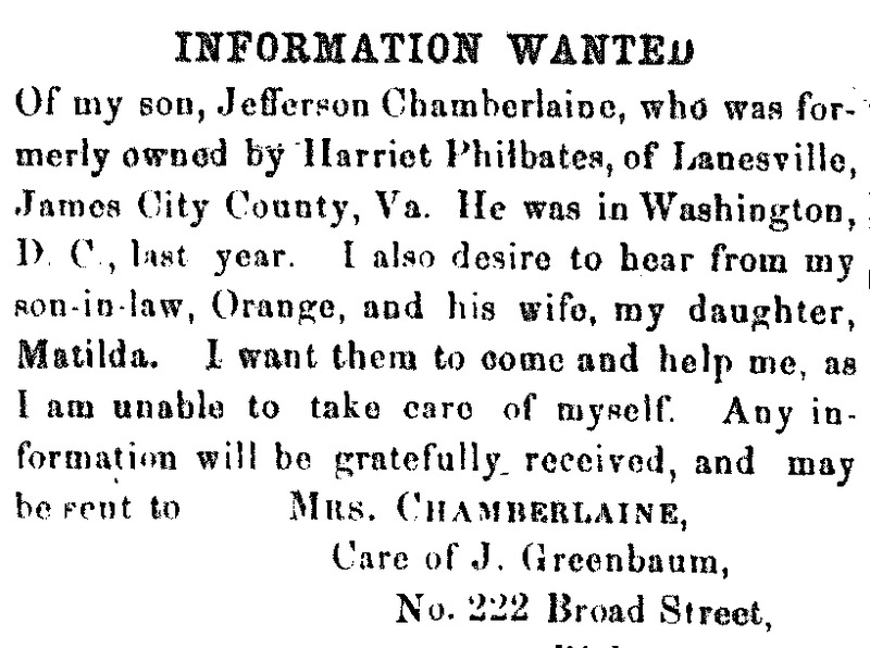 Mrs. Chamberlaine looking for her son Jefferson Chamberlaine, son-in-law Orange, and daughter Matilda