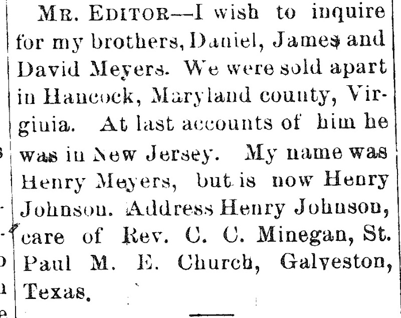 Henry Johnson (formerly Henry Meyers) searching for his brothers