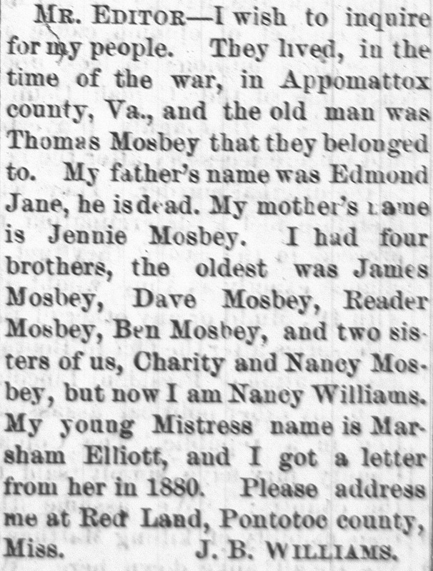 Nancy Williams (formerly Nancy Mosbey) searching for her mother Jennie Moseby as well as her four brothers and her sister