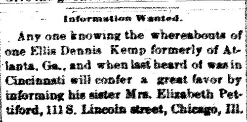 Mrs. Elizabeth Pettiford searching for her brother Ellis Dennis Kemp