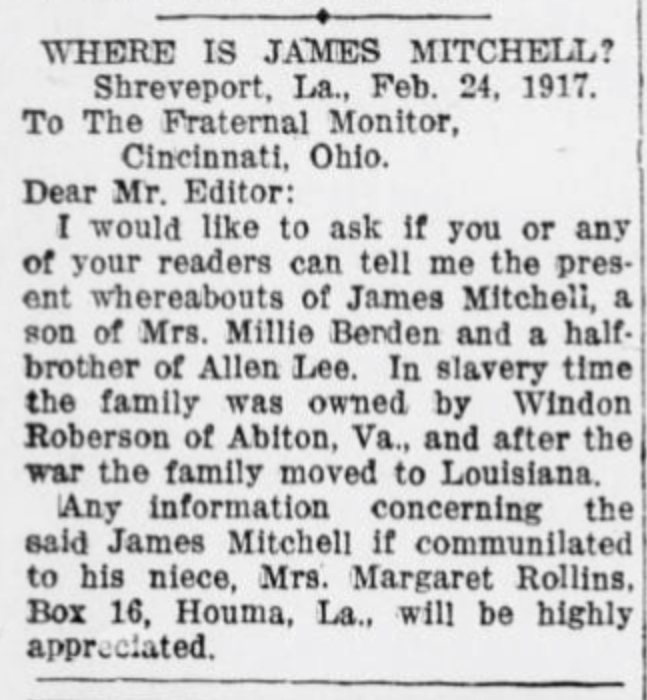 Mrs. Margaret Rollins searching for her uncle, James Mitchell