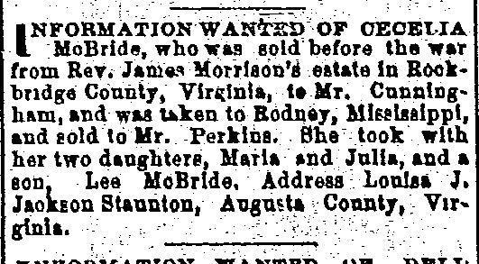 Louisa J. Jackson Staunton looking for information about Cecelia McBride and her children