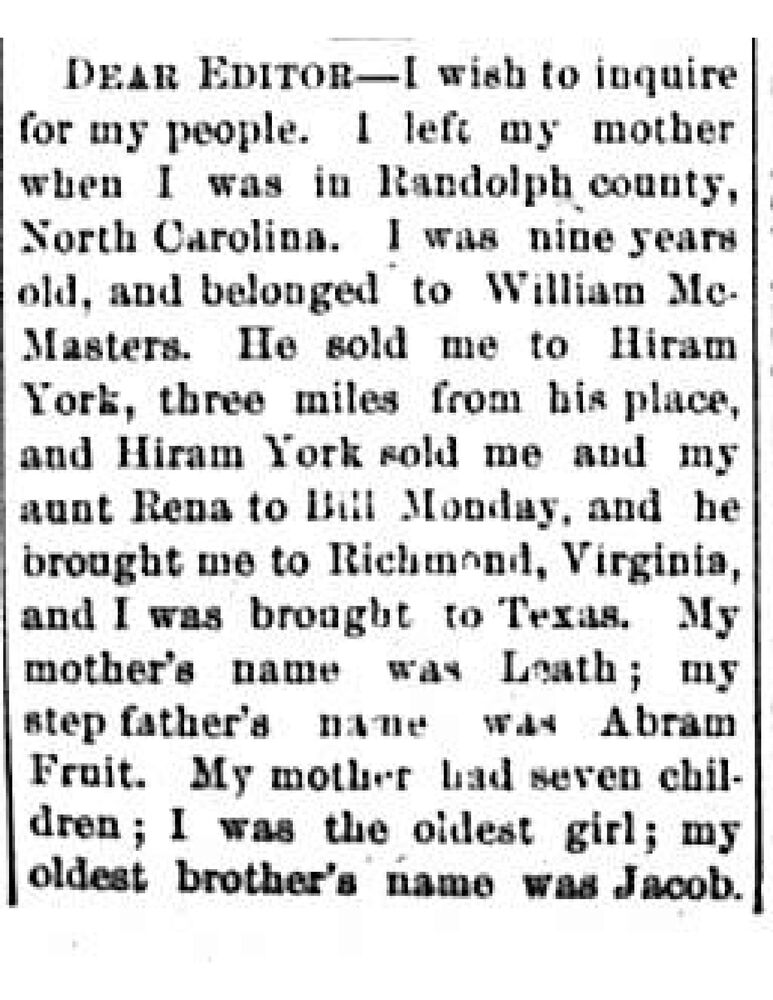 Mary Ann Freeman searching for her mother Leath, stepfather Abram Fruit, and siblings