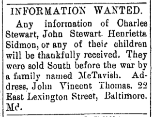 John Vincent Thomas searching Charles Stewart, John Stewart, Henrietta Sidmon, or any of their children