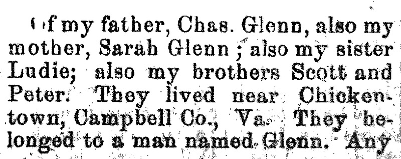 Sallie Glenn searching for her parents Chas. and Sarah Glenn and her siblings Ludie, Scott, and Peter