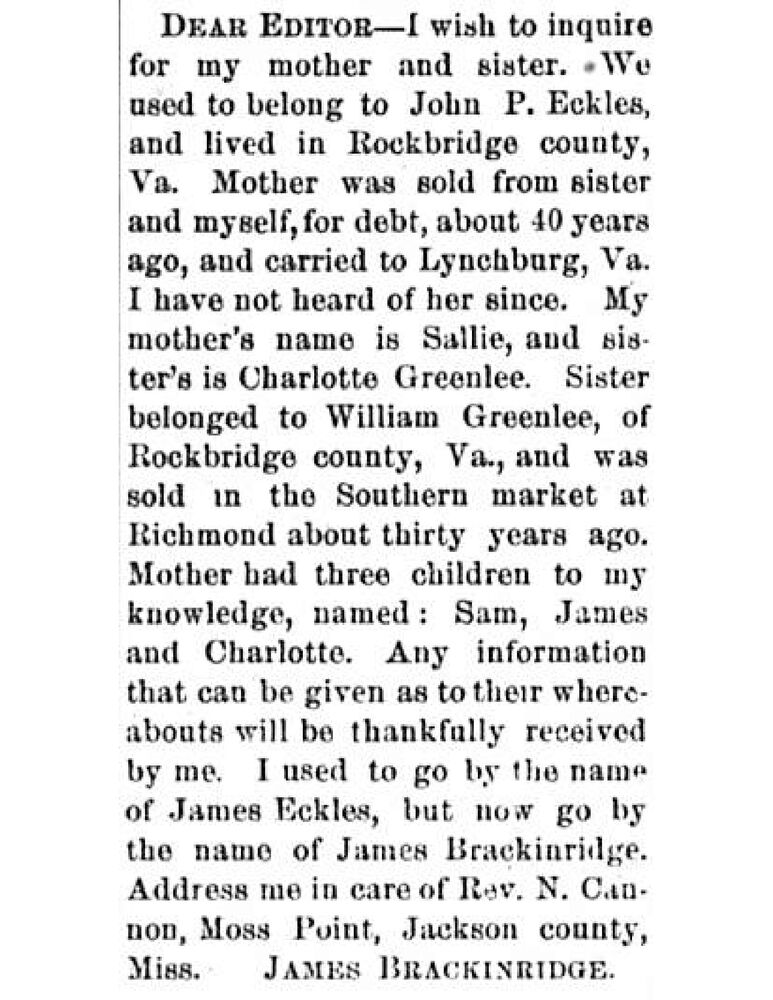 James Brackinridge searching for his mother and sister