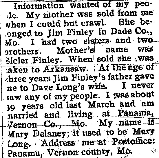 Mary Delaney looking for information about her mother Sicler Finley and unnamed siblings 