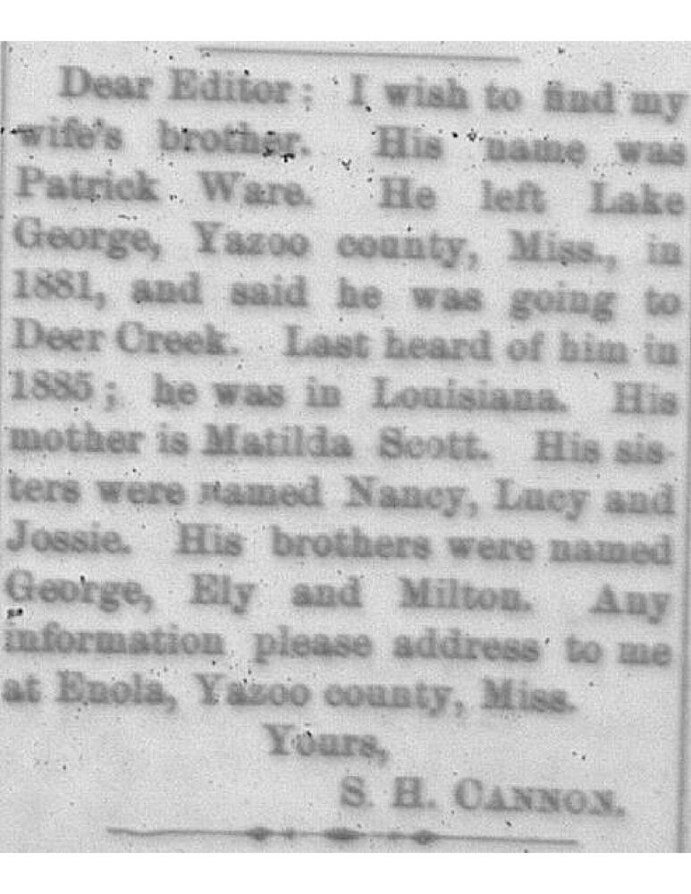 S. H. Cannon searching for his brother-in-law Patrick Ware