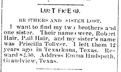 Emma Hudspeth searching for brothers Robert and Pail Hair and sister Priscilla Toliver