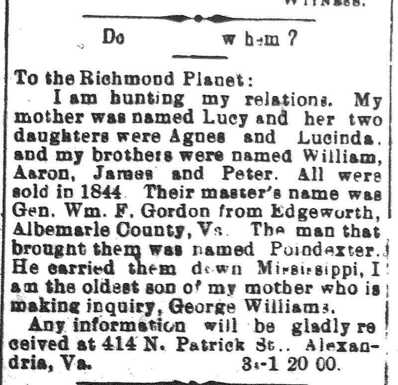 George Williams looking for his mother Lucy, sisters Agnes and Lucinda, and brothers William, Aaron, James, and Peter