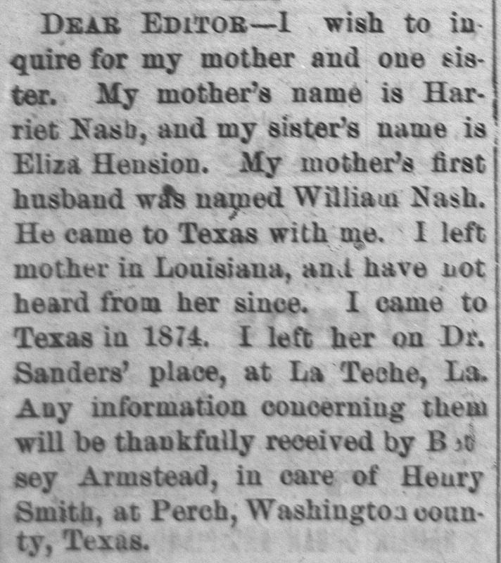 Betsey Armstead searching for his mother Harriet Nash and sister Eliza Hension