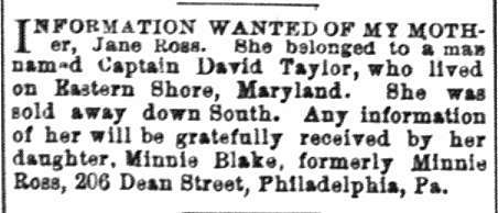 Minnie Blake (formerly Minnie Ross) searching for her mother Jane Ross