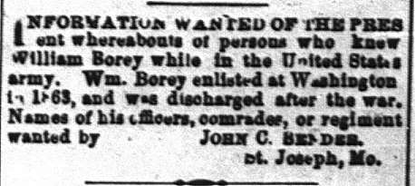 John C. Bender looking for people who knew William Borey