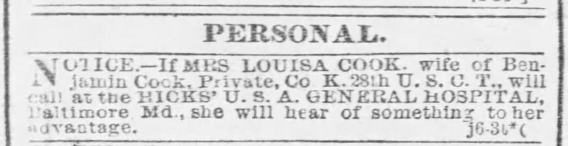 Hicks&#039; U. S. A. General Hospital searching for Mrs. Louisa Cook 