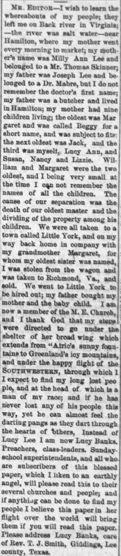 Lucy Banks (formerly Lucy Lee) searching for her mother, father, and eight siblings