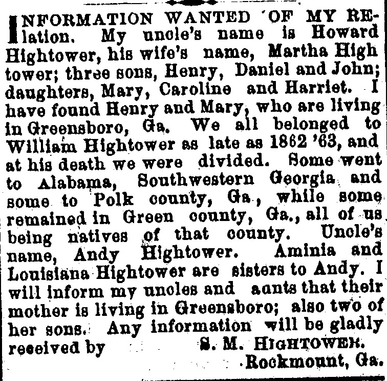 S. M. Hightower searching for their uncle Howard Hightower and several relatives