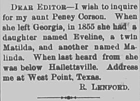 R. Lenford searching for their aunt Peney Corson