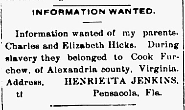 Henrietta Jenkins searching for her parents Charles and Elizabeth Hicks