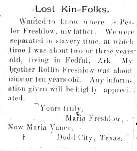 Maria Vance (formerly Maria Freshlow) searching for her father Pesler Freshlow