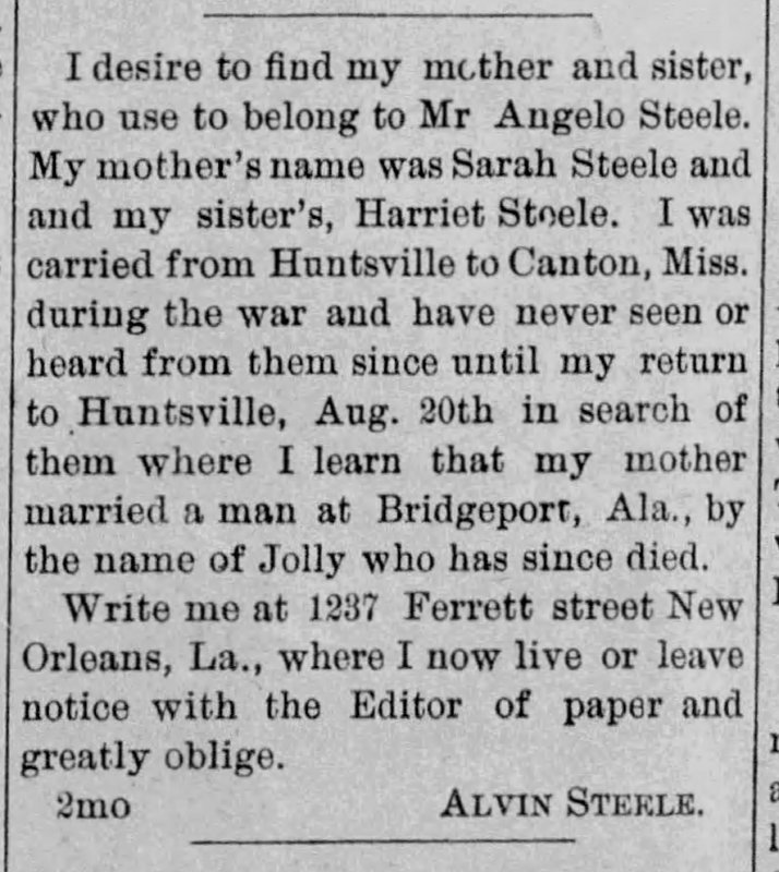 Alvin Steele searching for his mother Sarah Steele and his sister Harriet Steele 