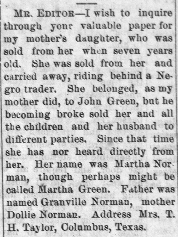 T. H. Taylor searching for her mother&#039;s daughter Martha Norman