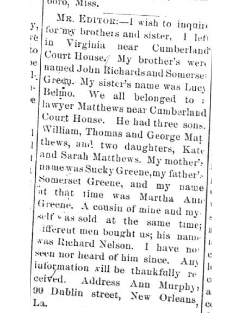 Ann Murphy (formerly Martha Ann Greene) searching for her siblings John Richards, Somerset Greene, and Lucy Belmo