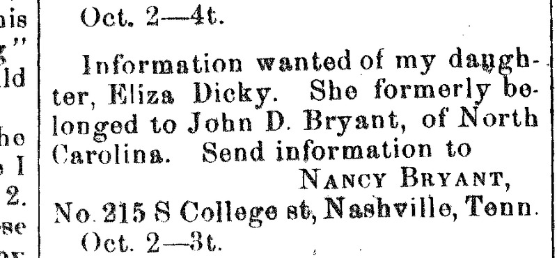 Nancy Bryant looking for information about her daughter Eliza Dicky