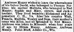 Ambrose Maxey searching for his father David, mother Malinda, sisters Sophie and Mary, and brother Jack